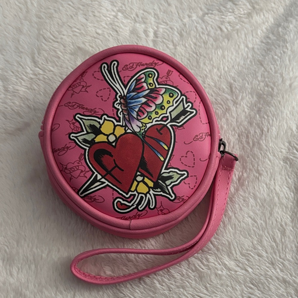 Ed Hardy Pink Heart and Butterfly Wristlet